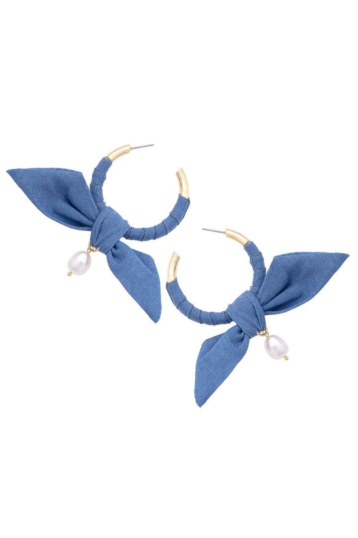 Denim Wrapped Pearl Hoop Earrings