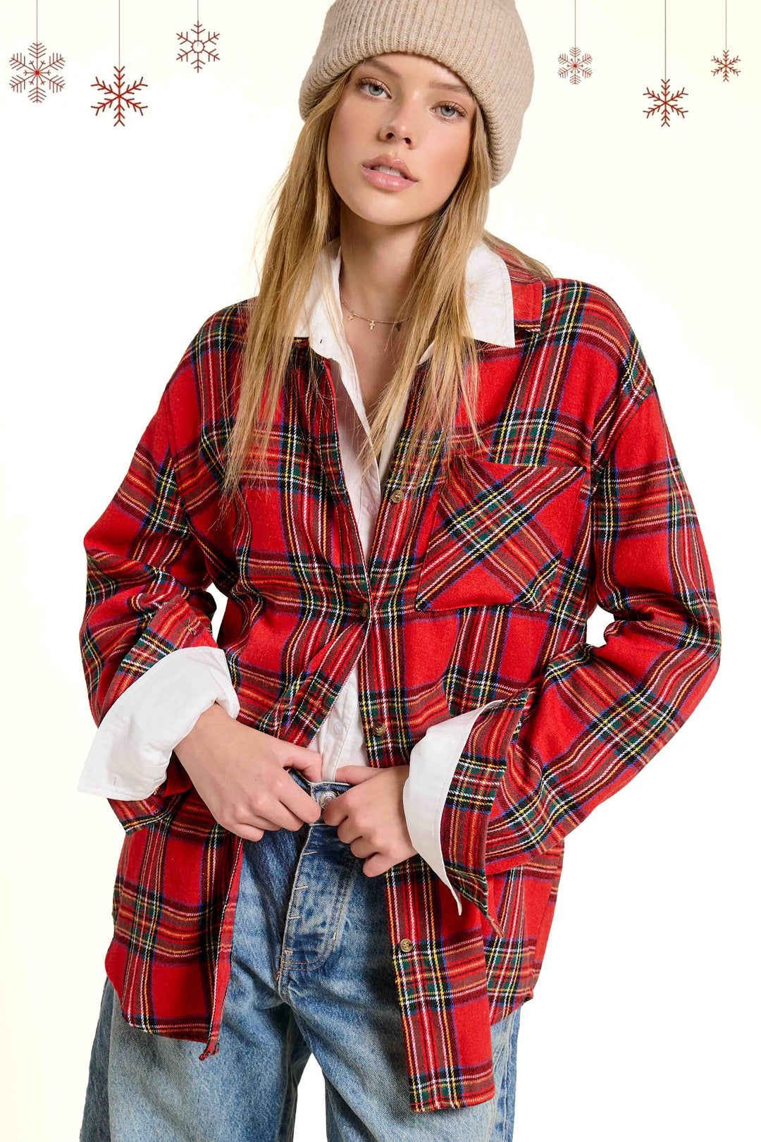 SRT7807-Soft Fabric Plaid Loose Fit Button Down Shirt