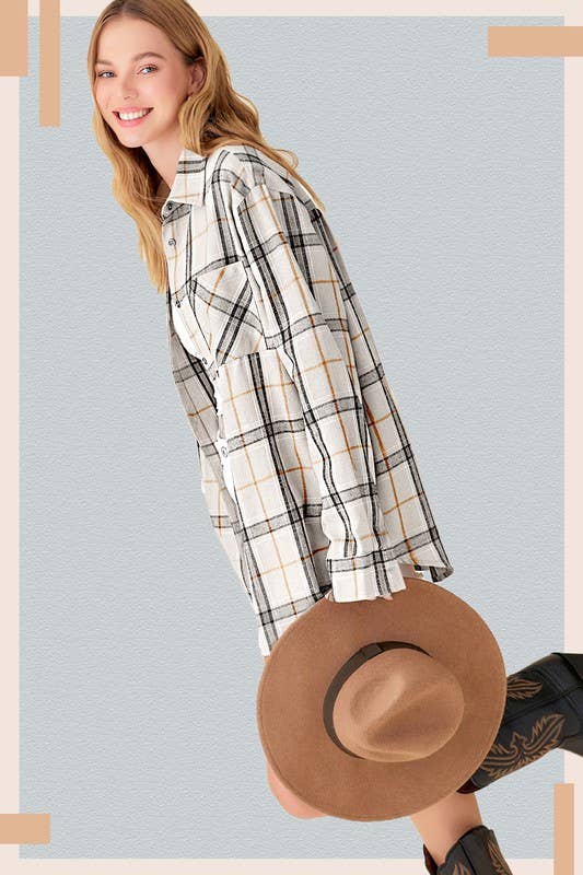 SRT1312-Soft Fabric Plaid Loose Fit Button Down Shirt-2 Color Options