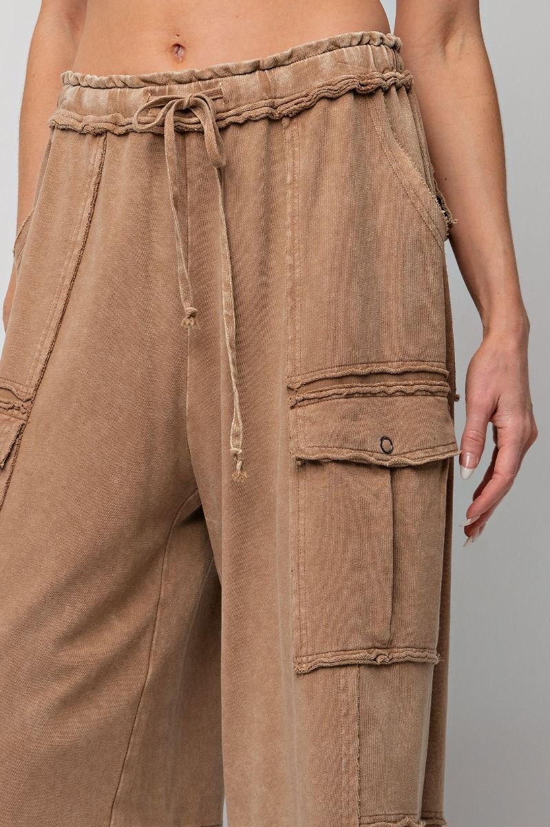Mineral Washed Wide Leg Terry Knit Cargo Pants - 4 Color Options - Available Small Through Extended Sizes