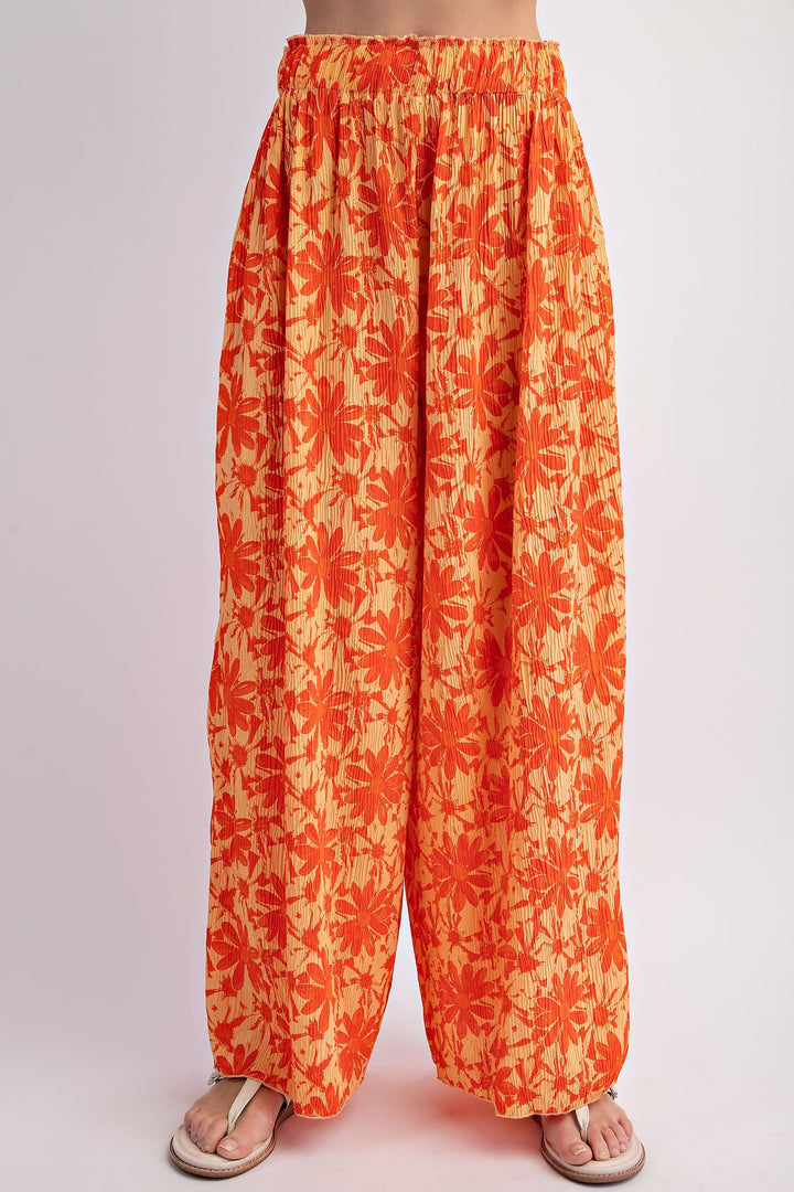 Orange Printed Crinkle Poly Woven Pants