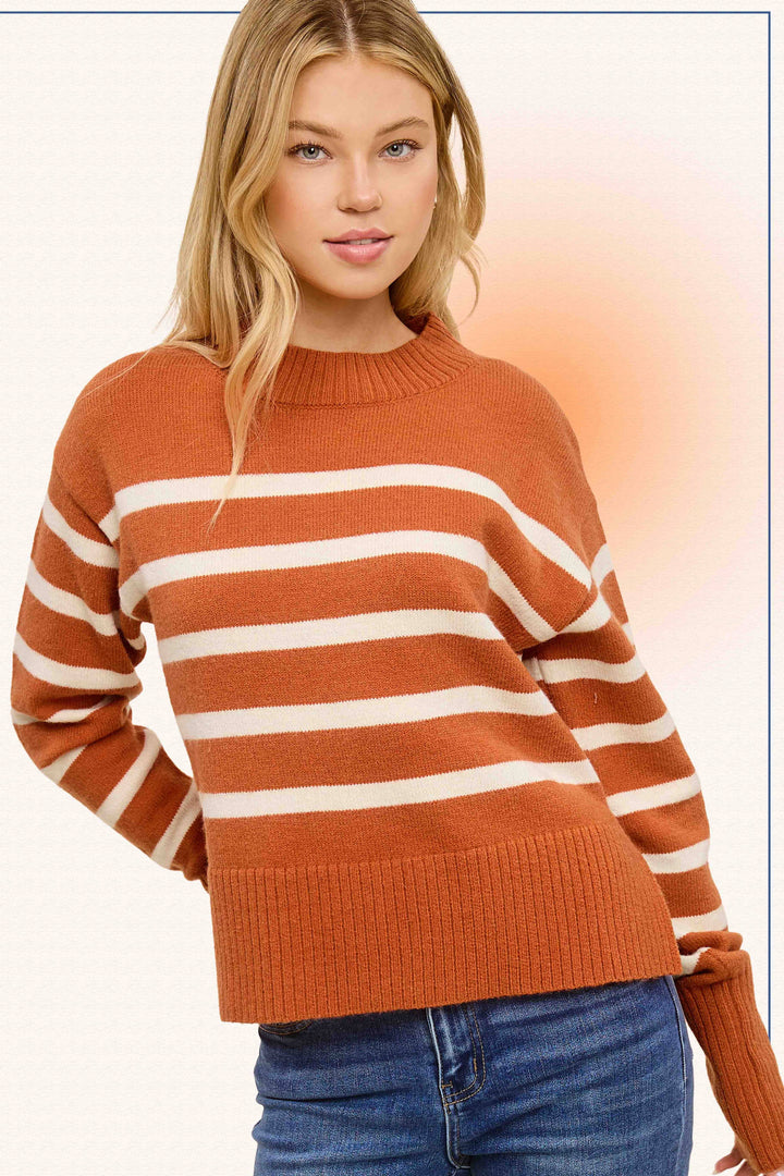 JCS3592-Striped Mock Neck Dolman Sleeve Sweater Fall
