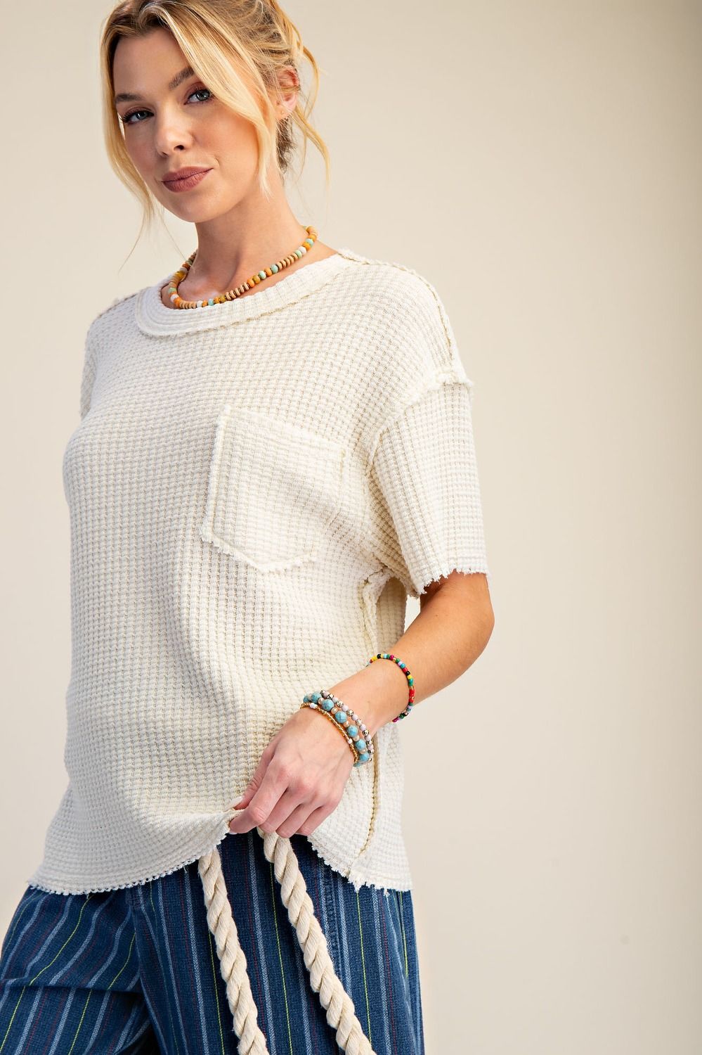 Washed Waffle Top-Ecru