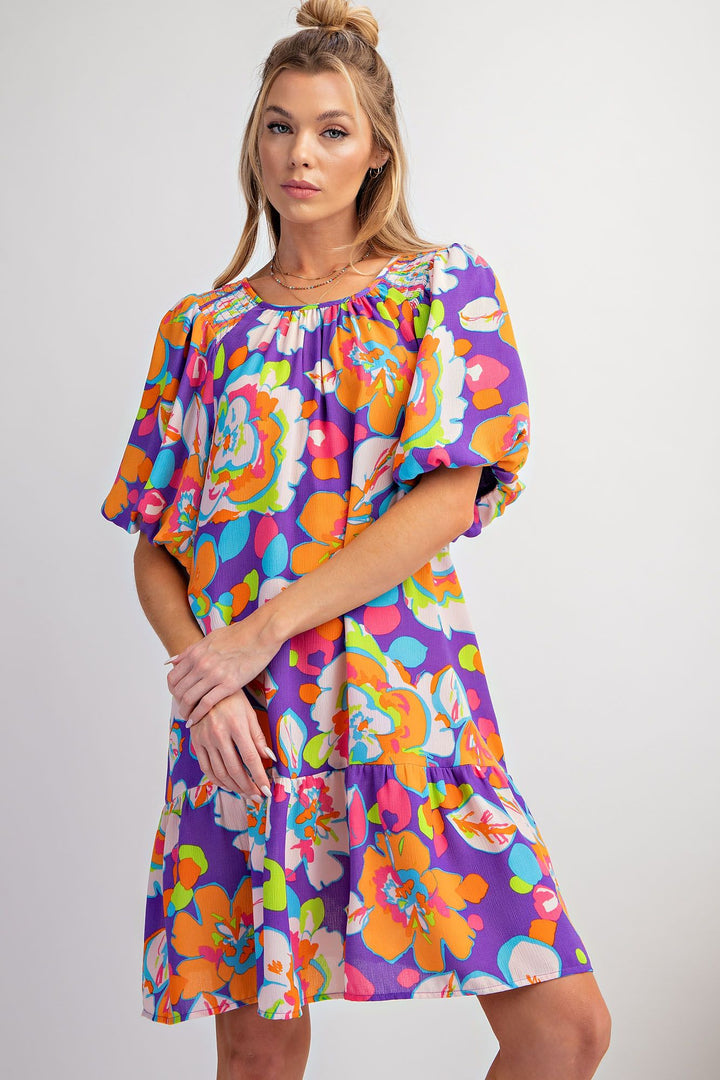 Purple Printed Bubble Sleeve Dress - Available Small Through Extended Sizes