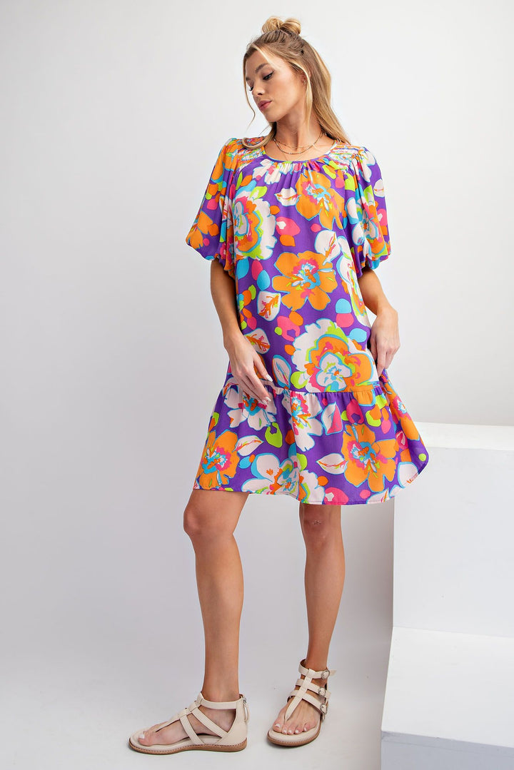 Purple Printed Bubble Sleeve Dress - Available Small Through Extended Sizes