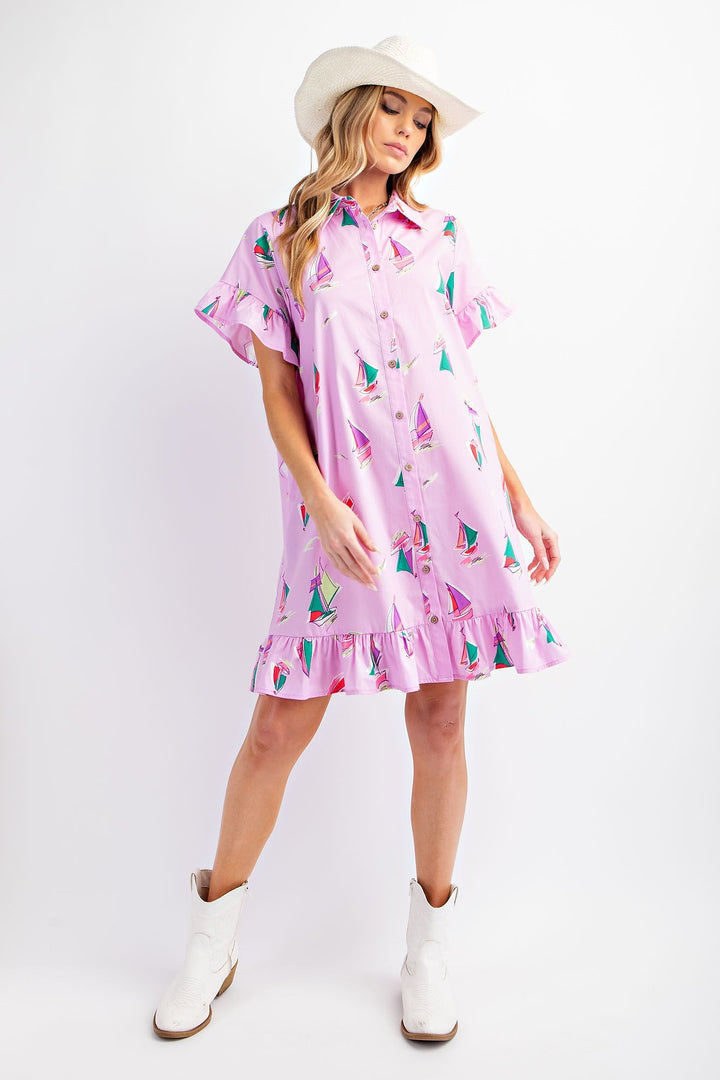 Pink Sailboat Print Ruffle Shirt Dress