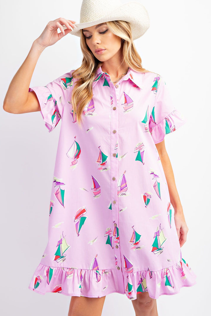 Pink Sailboat Print Ruffle Shirt Dress