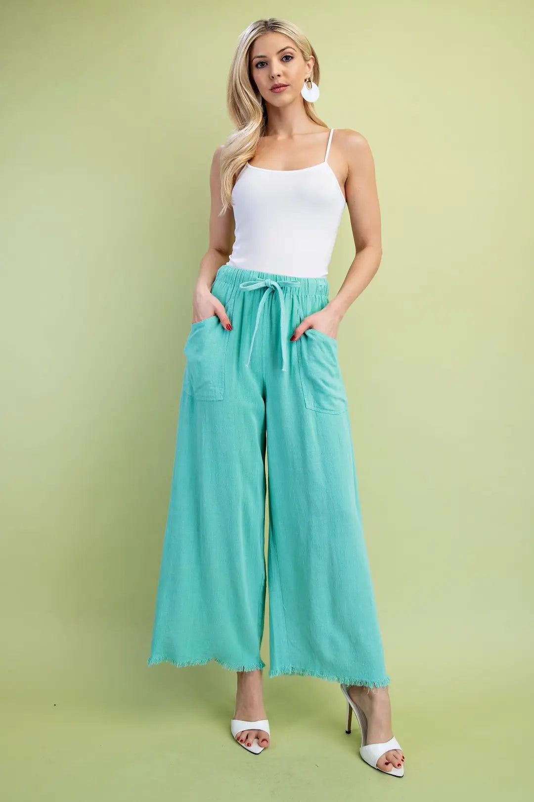 Frayed Wide Leg Pants-Emerald