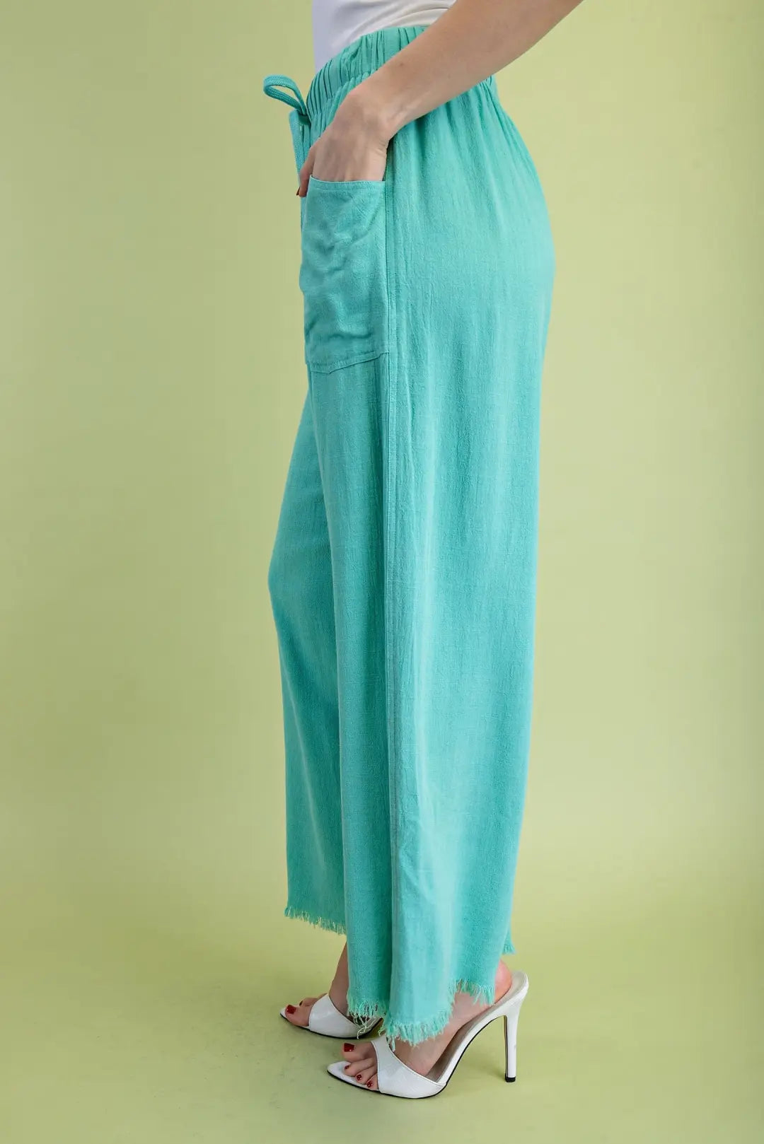 Frayed Wide Leg Pants-Emerald