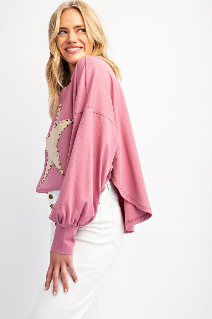 Dusty Pink Suede Star Patch Cotton Jersey Top