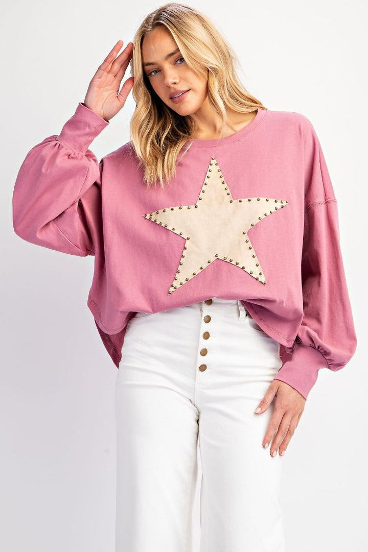 Dusty Pink Suede Star Patch Cotton Jersey Top