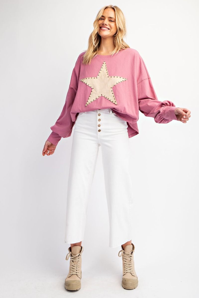 Dusty Pink Suede Star Patch Cotton Jersey Top