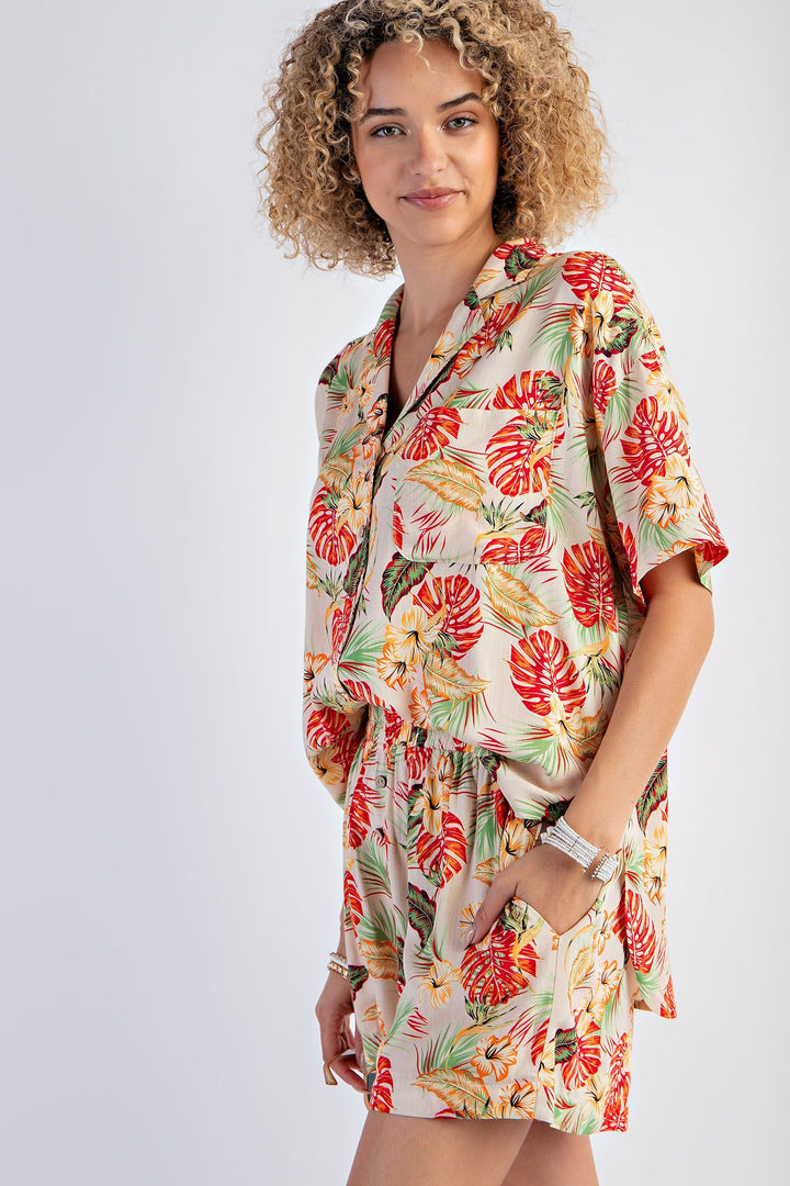 Natural Tropical Print Challis Button-Down Shirt