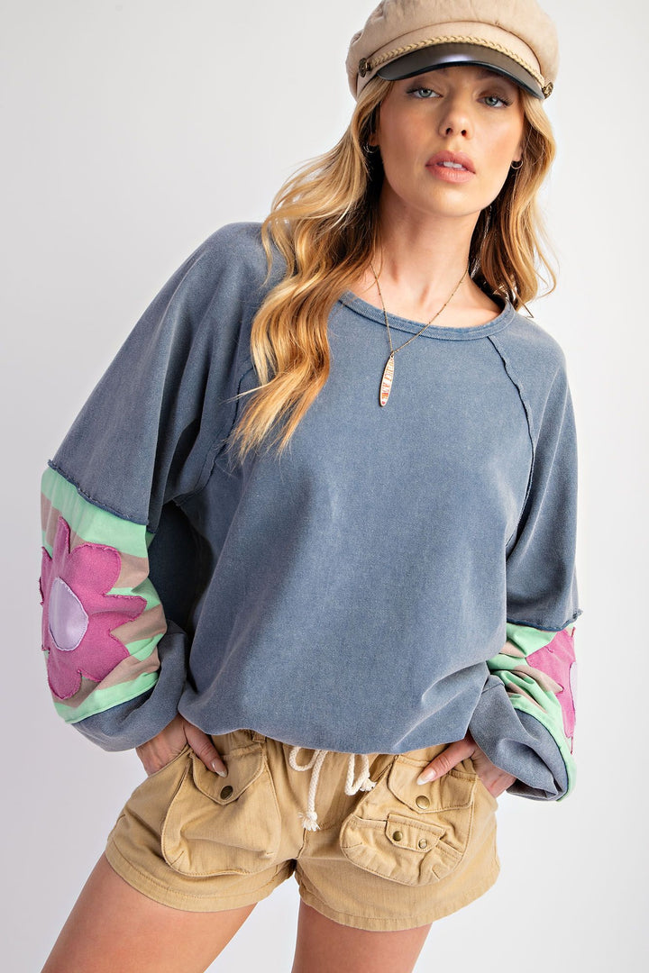 Washed Denim Flower Patch Terry Knit Pullover