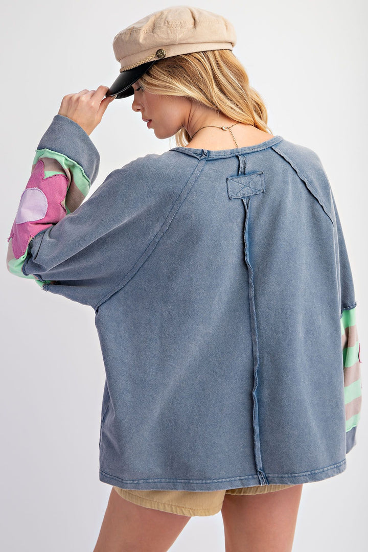 Washed Denim Flower Patch Terry Knit Pullover