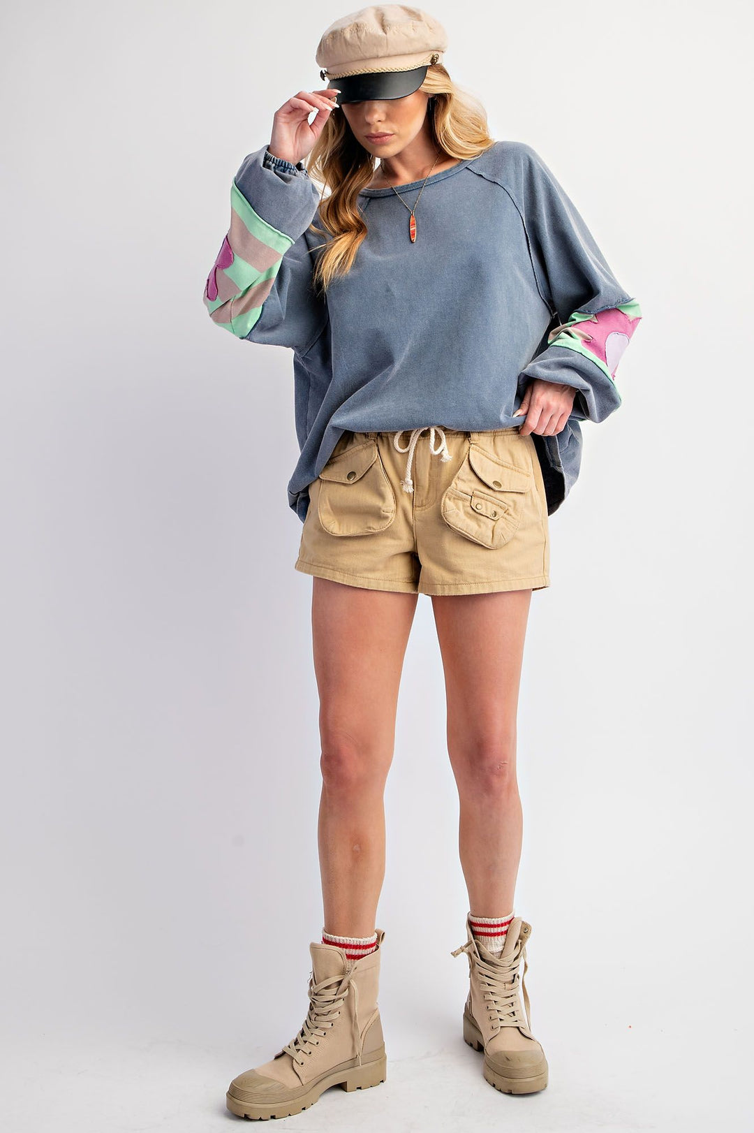 Washed Denim Flower Patch Terry Knit Pullover