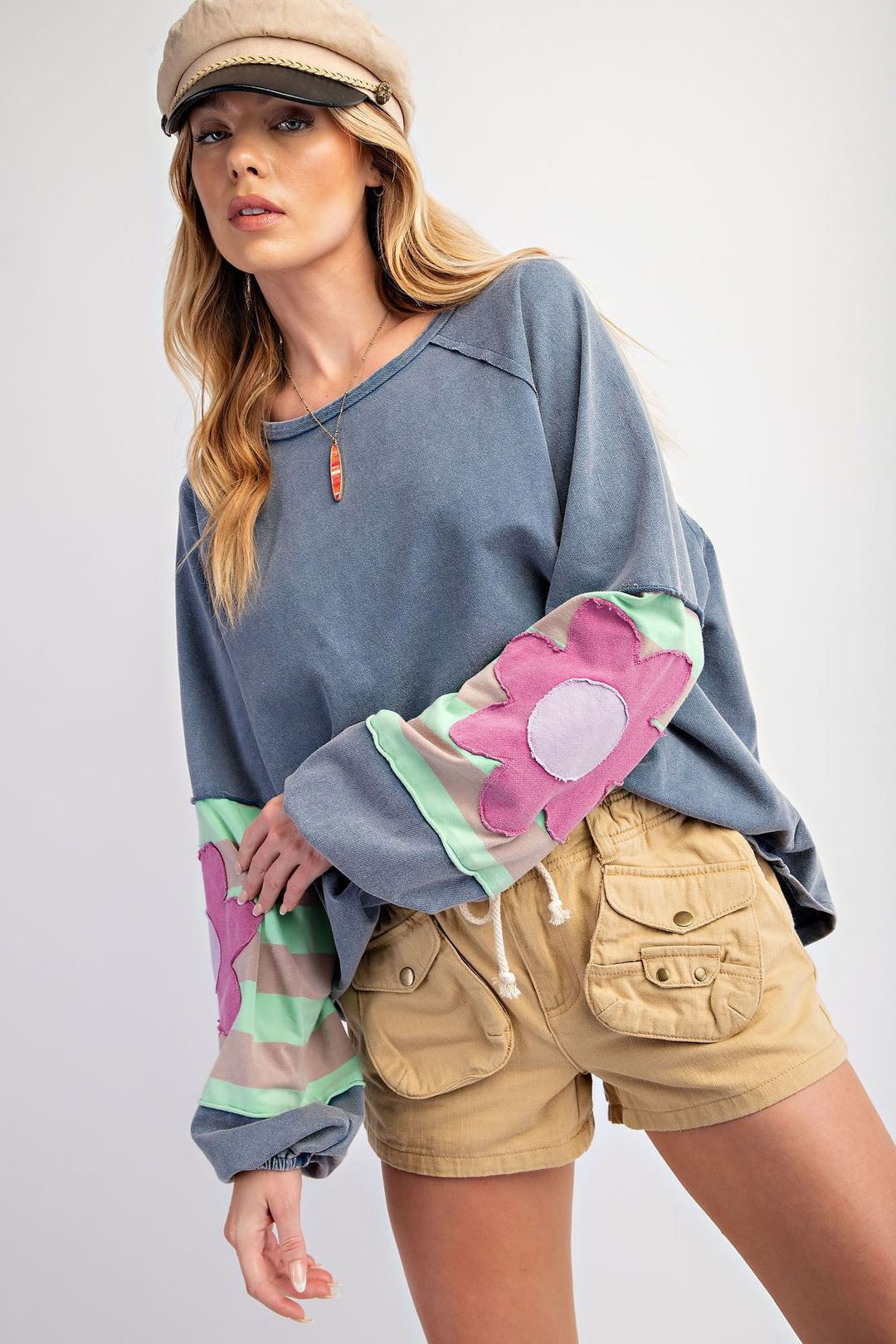 Washed Denim Flower Patch Terry Knit Pullover