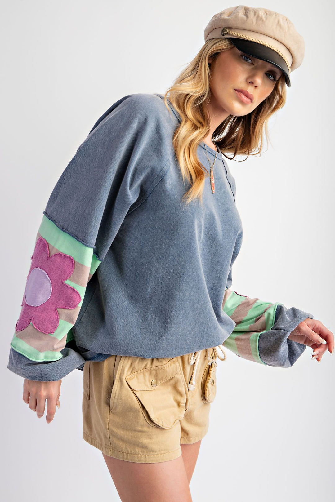 Washed Denim Flower Patch Terry Knit Pullover