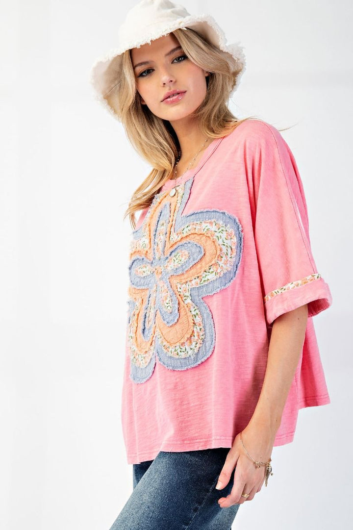 Malibu Pink Flower Patch Washed Cotton Slub Top