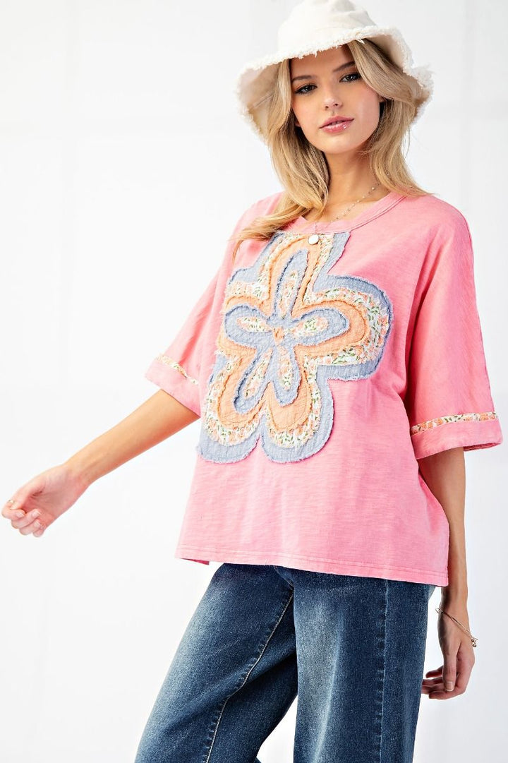 Malibu Pink Flower Patch Washed Cotton Slub Top