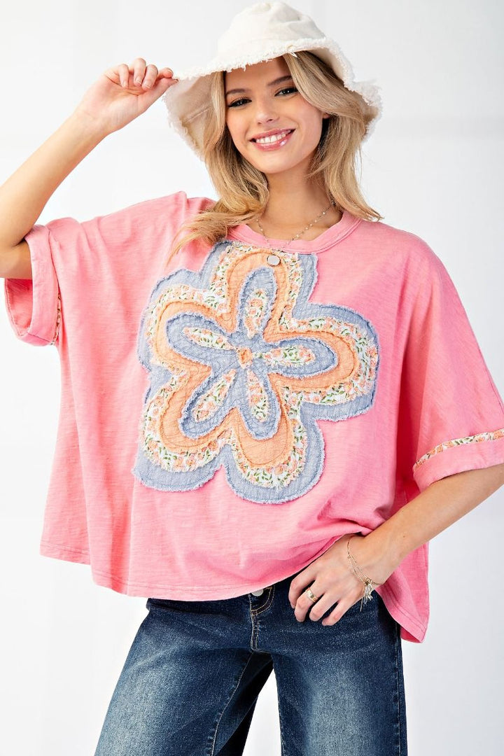 Malibu Pink Flower Patch Washed Cotton Slub Top