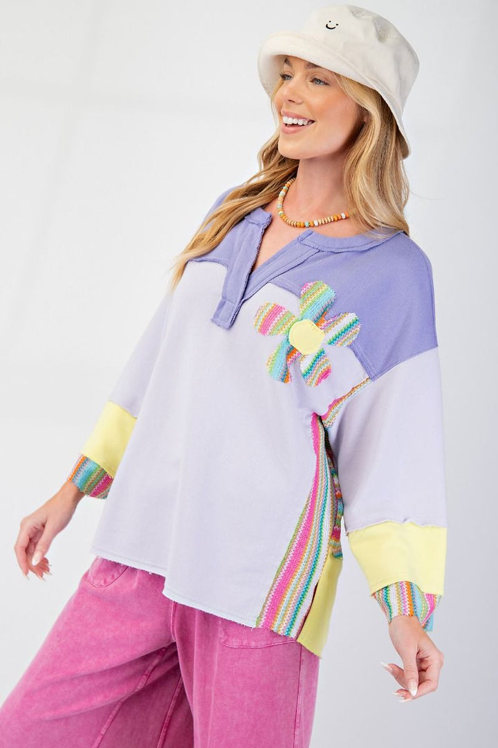 Lilac Yellow Daisy Patch Color Block Top