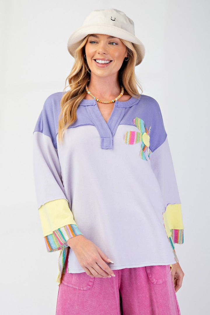 Lilac Yellow Daisy Patch Color Block Top