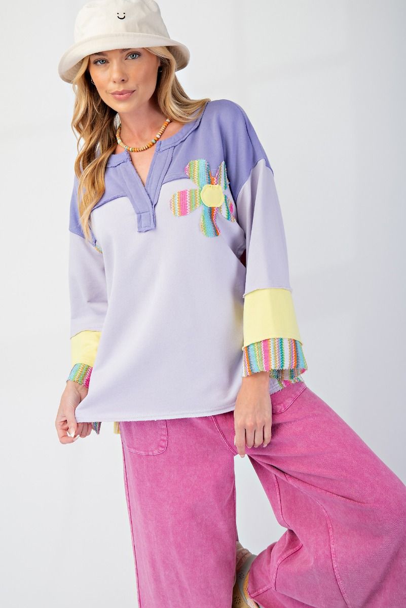 Lilac Yellow Daisy Patch Color Block Top