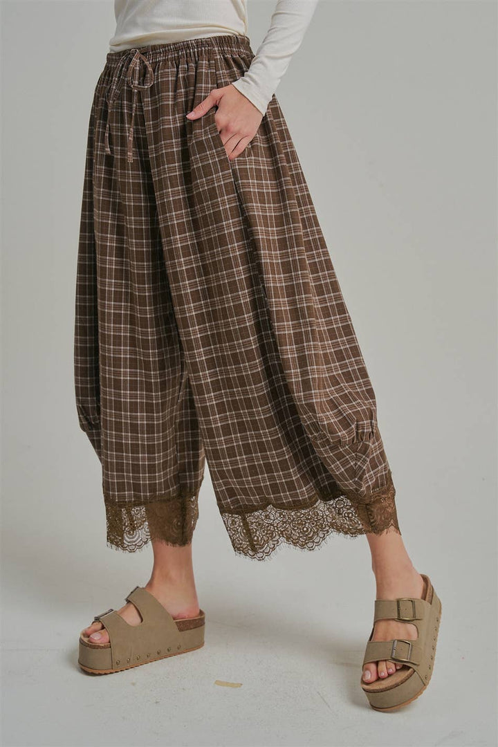 FLOWY FALL CHECK PLAID WIDE BALLOON LEG PANTS-Brown Check-Arrives first of October