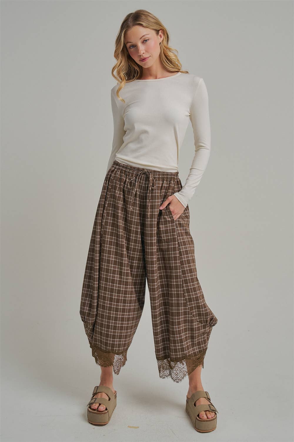 FLOWY FALL CHECK PLAID WIDE BALLOON LEG PANTS-Brown Check-Arrives first of October