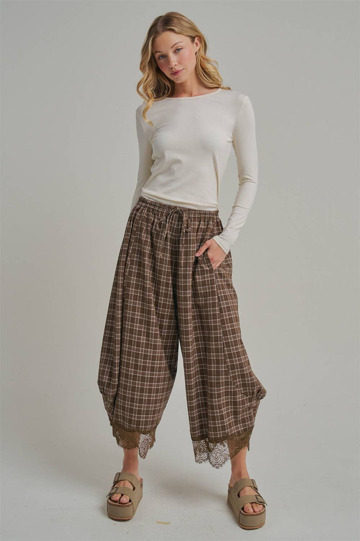 FLOWY FALL CHECK PLAID WIDE BALLOON LEG PANTS-Brown Check-Arrives first of October