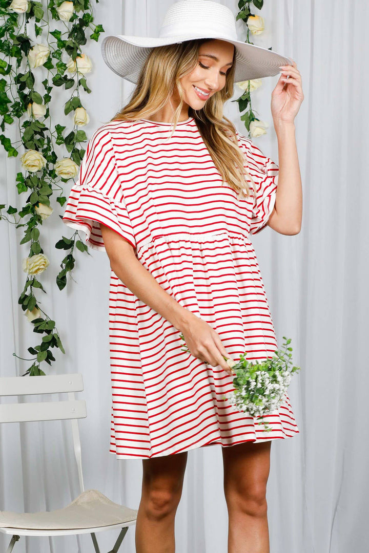 Striped Round Neck Baby Doll Cotton Dress-Red Stripe