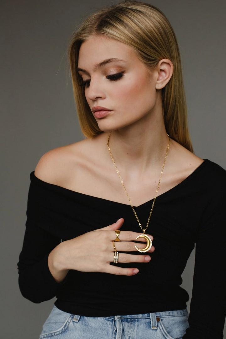 Luxe Rhinestone Moon Pendant Necklace