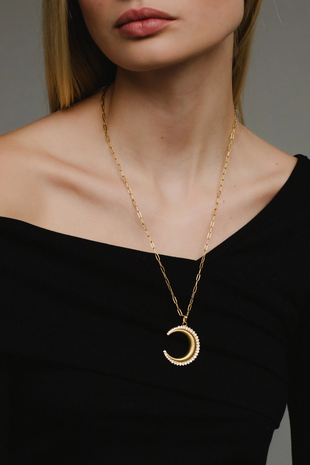 Luxe Rhinestone Moon Pendant Necklace