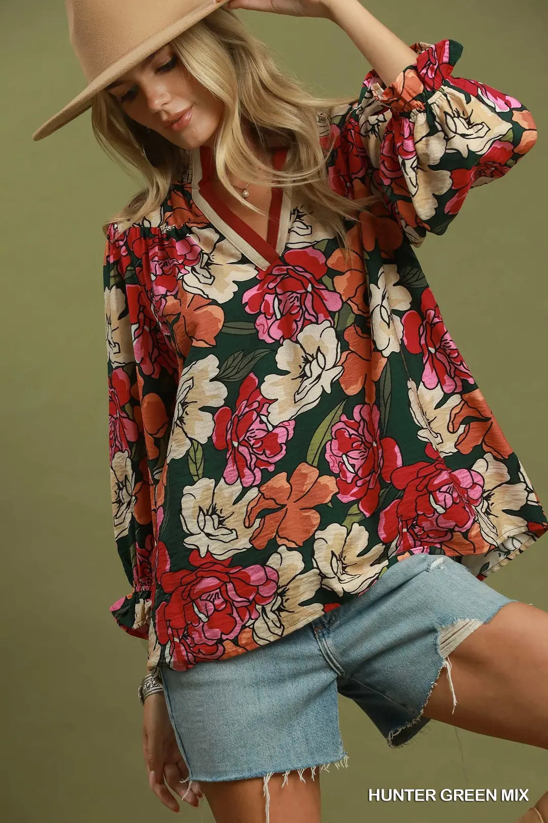 Floral Print Contrast Trim Ruffle Sleeve Blouse-Hunter Green