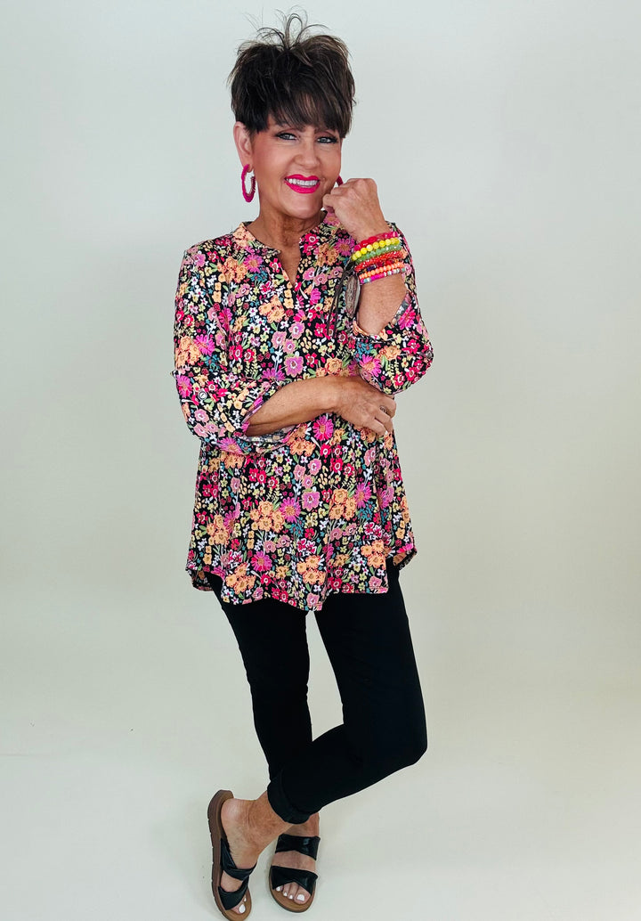 Black Multi Floral Top W/ 3/4 Sleeve - Available S - Extended Sizes