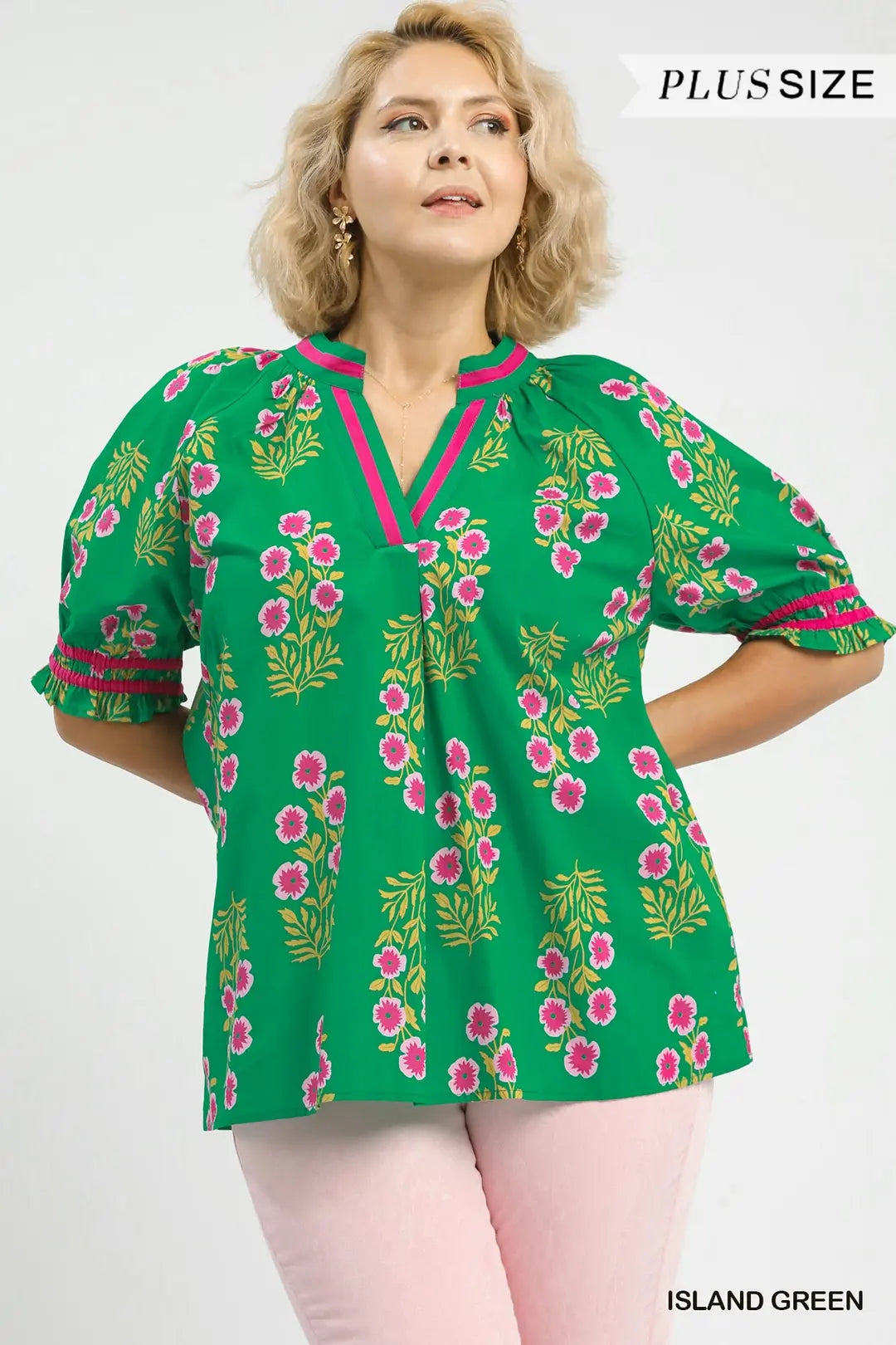 Floral Puff  Sleeve-Green Mix