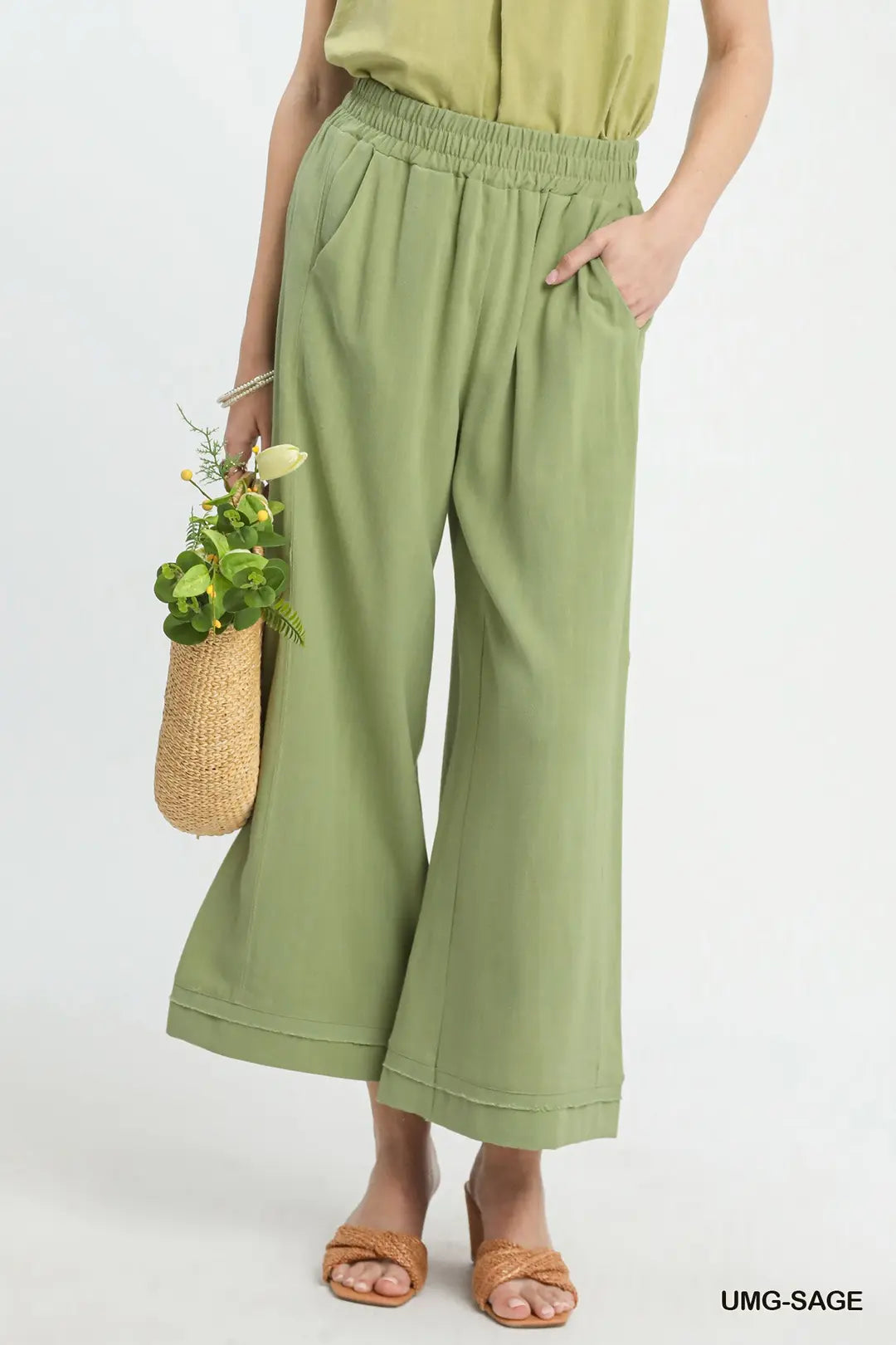 Elastic Waist Wide Leg Pants-2 Color Options-Blue and Sage