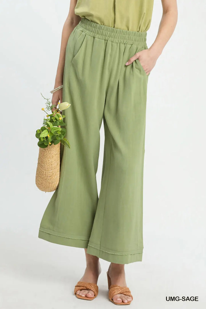 Elastic Waist Wide Leg Pants-2 Color Options-Blue and Sage