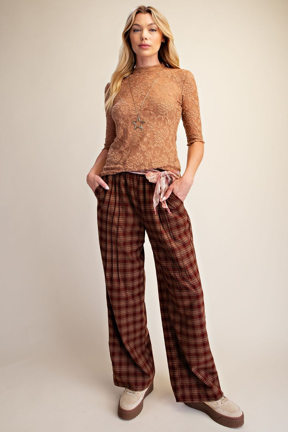Textured Lace Sheer Top-Latte