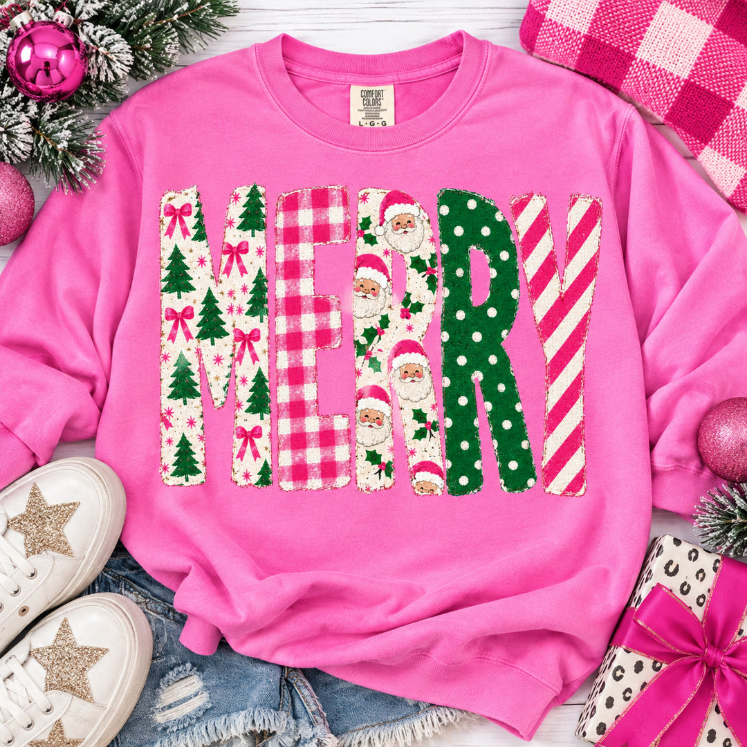 Merry Mixed Pattern Sweatshirt-Azalea Pink!!