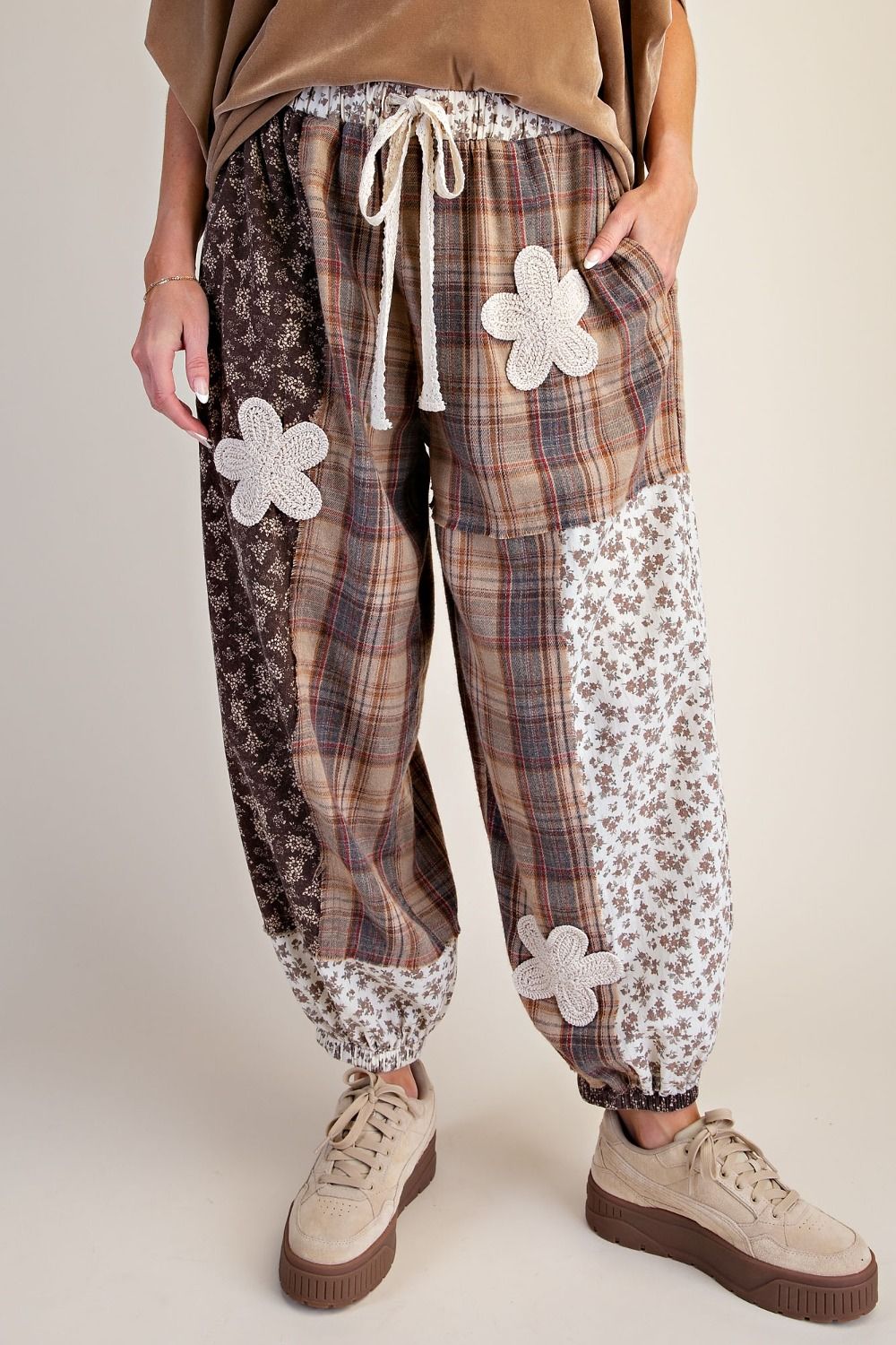 Plaid and Floral Printed Mix Washed Pants-2 Color Options-Mocha or Wine