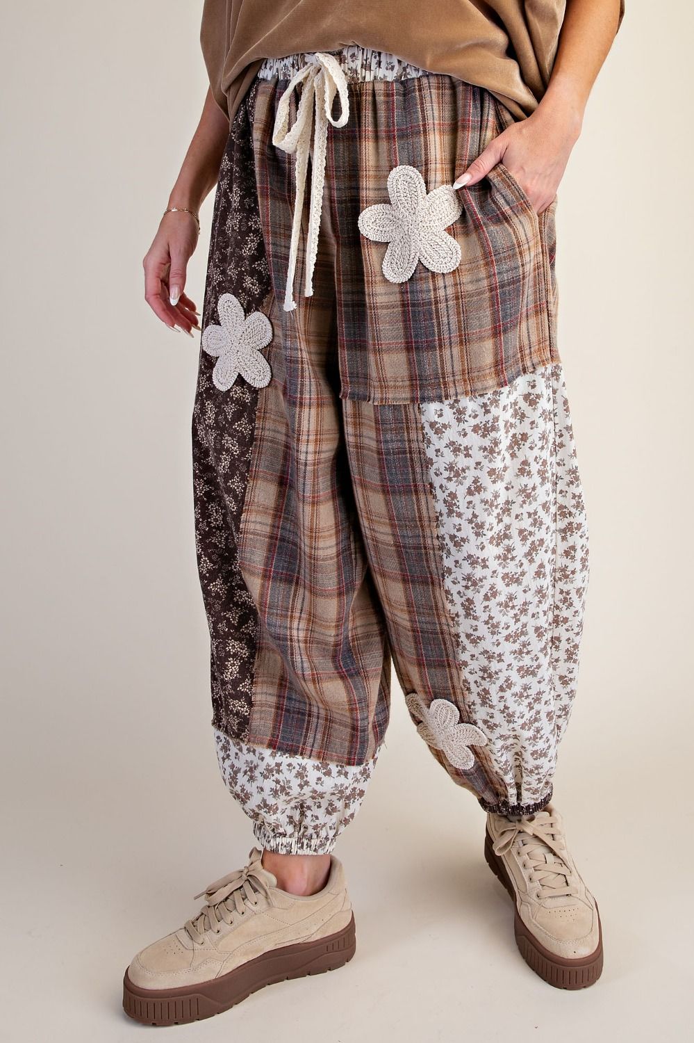Plaid and Floral Printed Mix Washed Pants-2 Color Options-Mocha or Wine