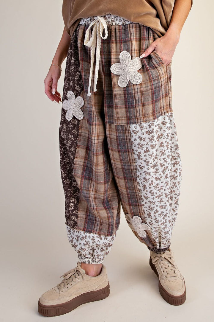 Plaid and Floral Printed Mix Washed Pants-2 Color Options-Mocha or Wine