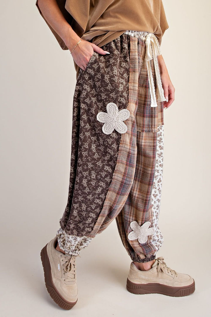 Plaid and Floral Printed Mix Washed Pants-2 Color Options-Mocha or Wine