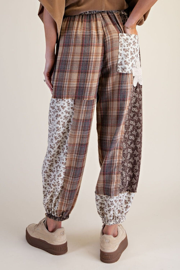 Plaid and Floral Printed Mix Washed Pants-2 Color Options-Mocha or Wine