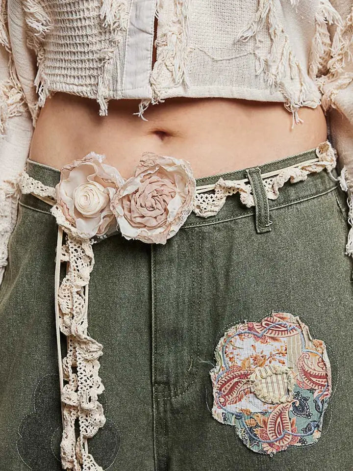 Crochet Flower Belt-Natural/Mauve