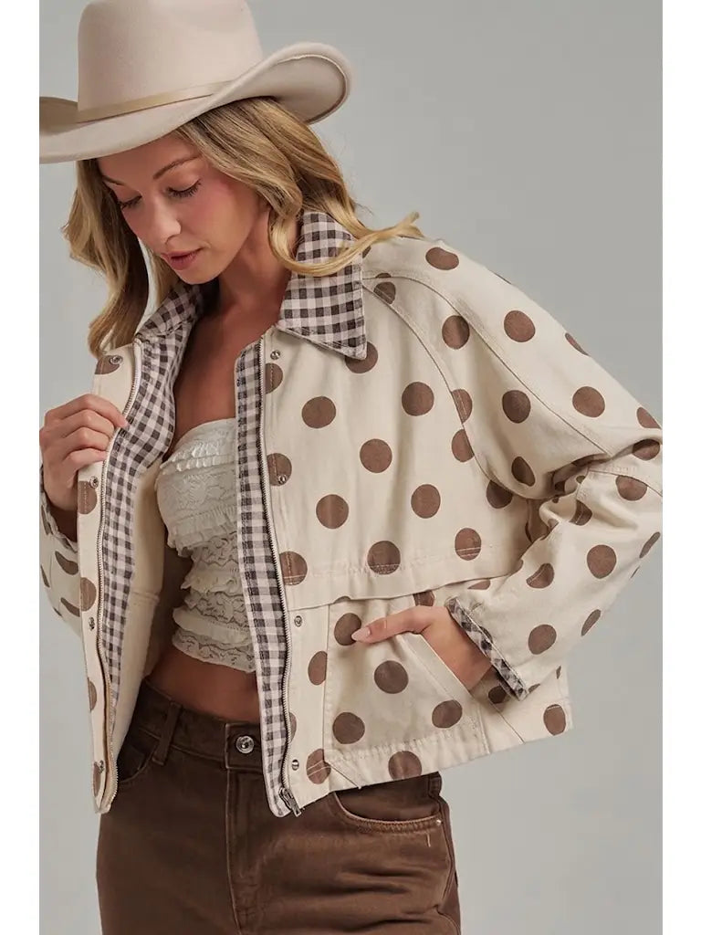POLKA DOT OXFORD CANVAS FALL JACKET- Arrives October-Oatmeal/Chocolate