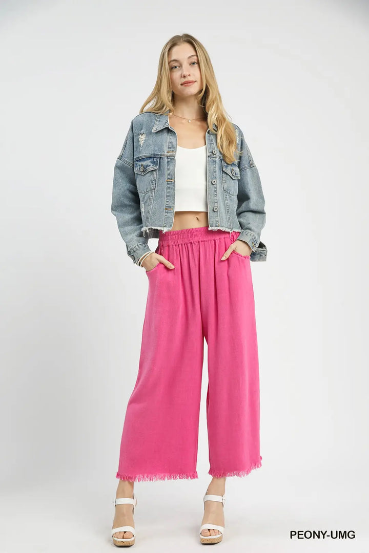 Frayed Hem Wide Leg Pants- Peony