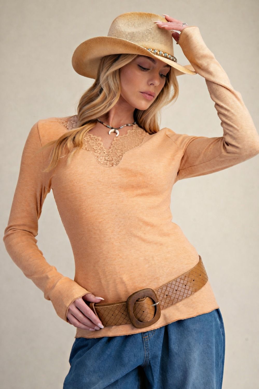 Knit Lace Inset Top-Persimmon